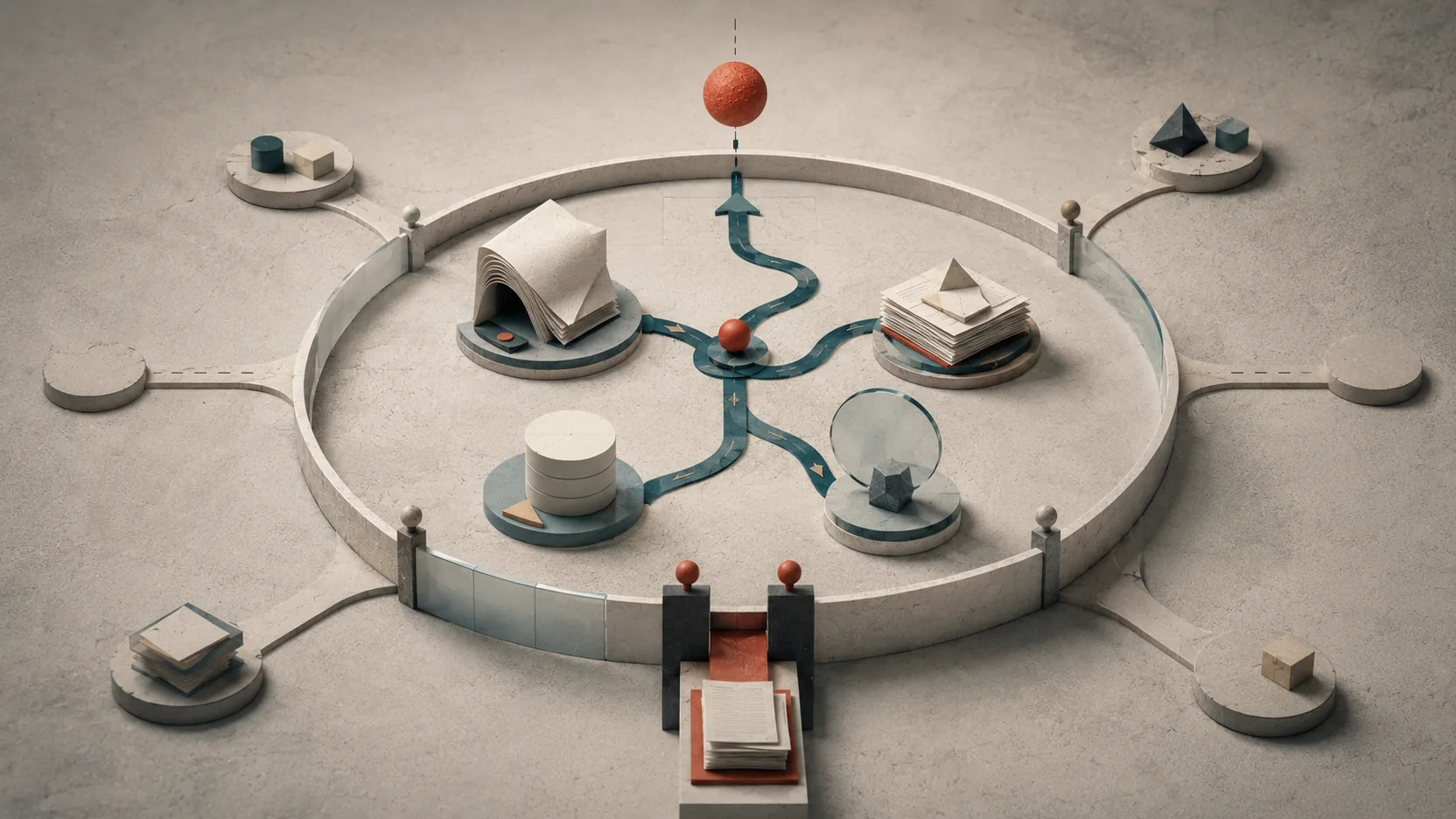 Maqueta circular con módulos conectados por flechas que confluyen en una única salida, rodeada de plataformas satélite